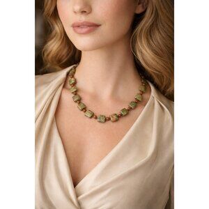 Vintage Unakite Jasper Stone Necklace Green Pink Beaded Boho Statement Adjustabl